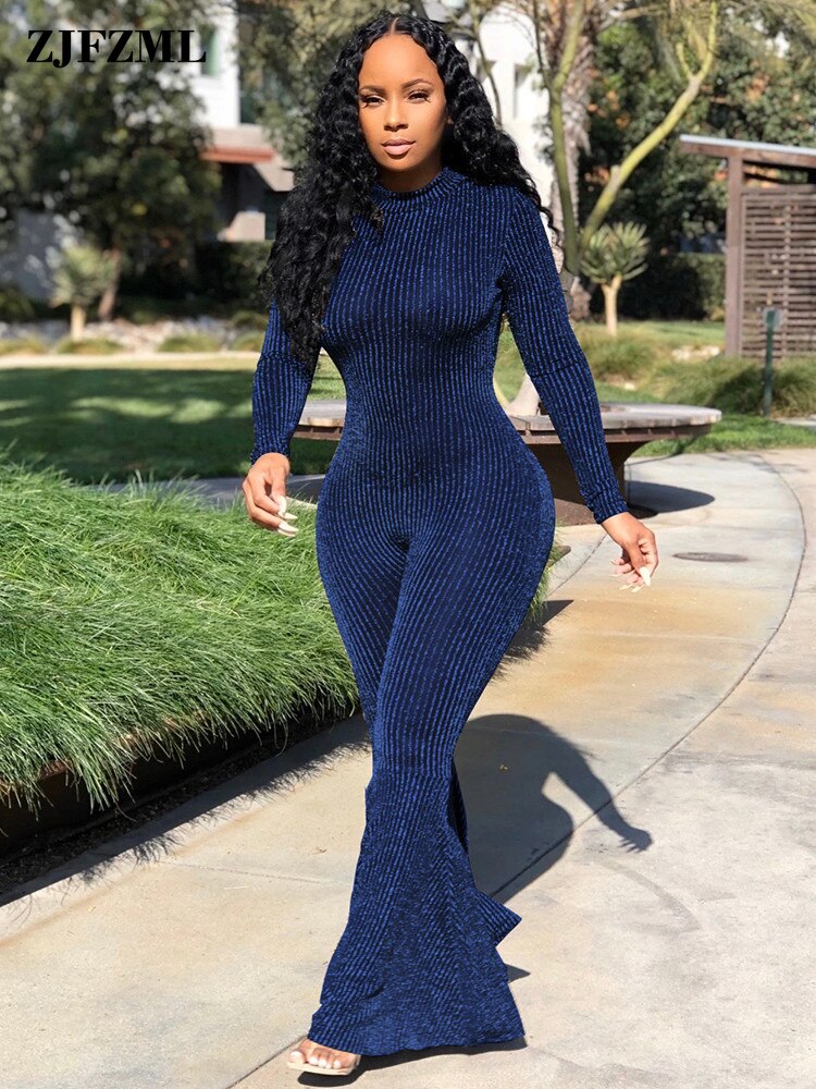 Bling Lurex Sexy Bell Bottom Bodysuit Long Sleeve Striped Flare Jumpsuit Party Night Club Ladies One Piece Bodycon Bodysuit