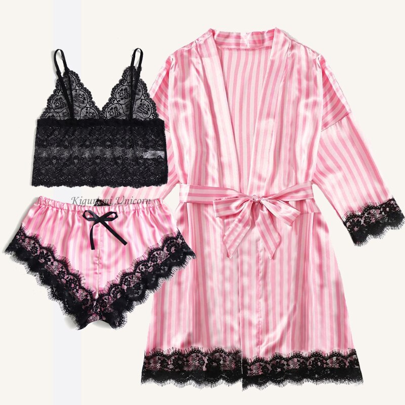 2022 New Robe Sets Pijamas Women Faux Silk Pajamas for Women Sexy Lace Hot V-neck Sleep wear Satin Summer Clothing Sets Homewear