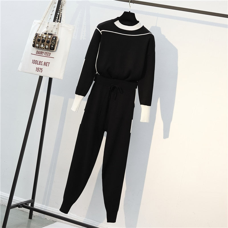 2022 Autumn Runway 2 Pieces Set Knitted Long Sleeve Pullovers Sweater Casual Patchwork Knit Jumper Tops and Pants Suits spring