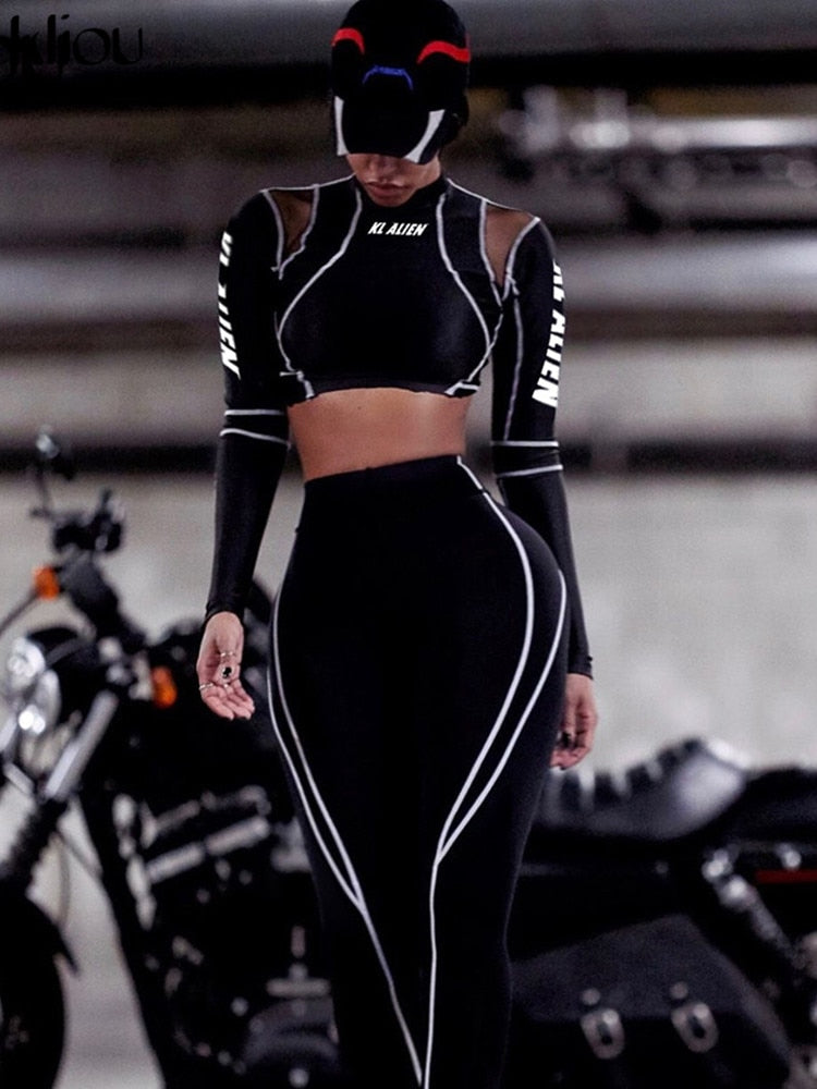 Kliou women fitness sporting two pieces set letter print turtleneck top leggings striped patchwork classic fashion tracksuits