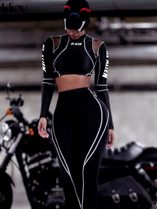 Kliou women fitness sporting two pieces set letter print turtleneck top leggings striped patchwork classic fashion tracksuits