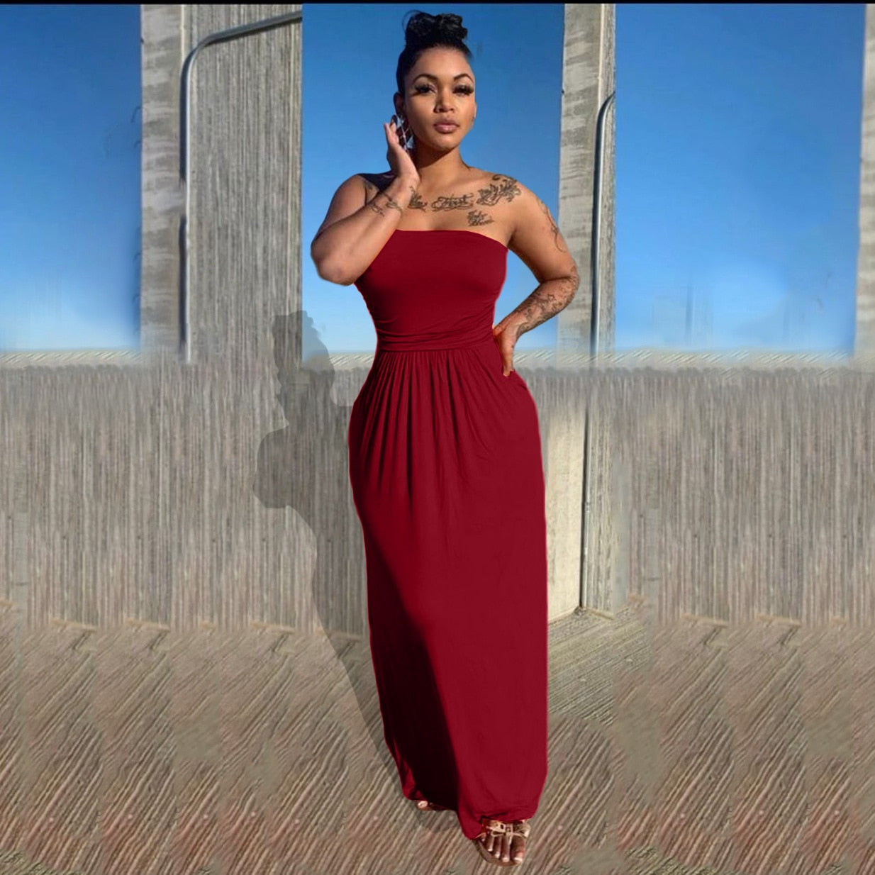 Women Casual Strapless High Waist Loose Hem Maxi Dress for Streetwear Beach Sexy Summer Floor Length Long Dresses