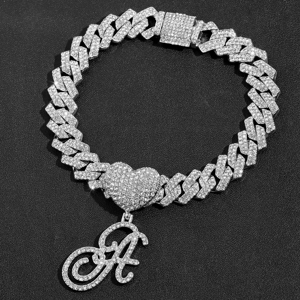 New A-Z Cursive Letter Initial Heart Cuban Anklets For Women Hip Hop Bling Rhinestone Cuban Chain Anklet Bracelet Foot Jewelry