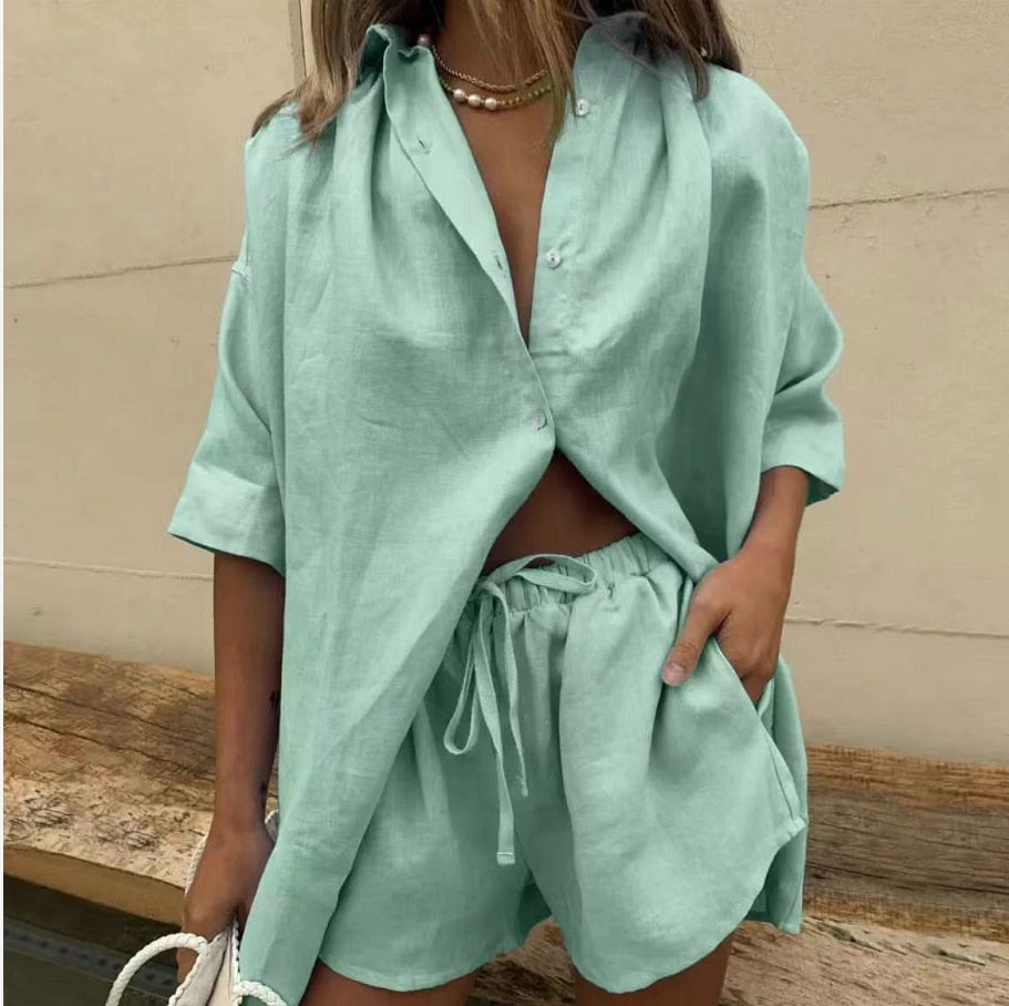 2022 New Casual Womem Lounge Wear Summer Solid Tracksuit Shorts Two Piece Set Short Sleeve Shirt Tops And Drawstring Shorts Suit