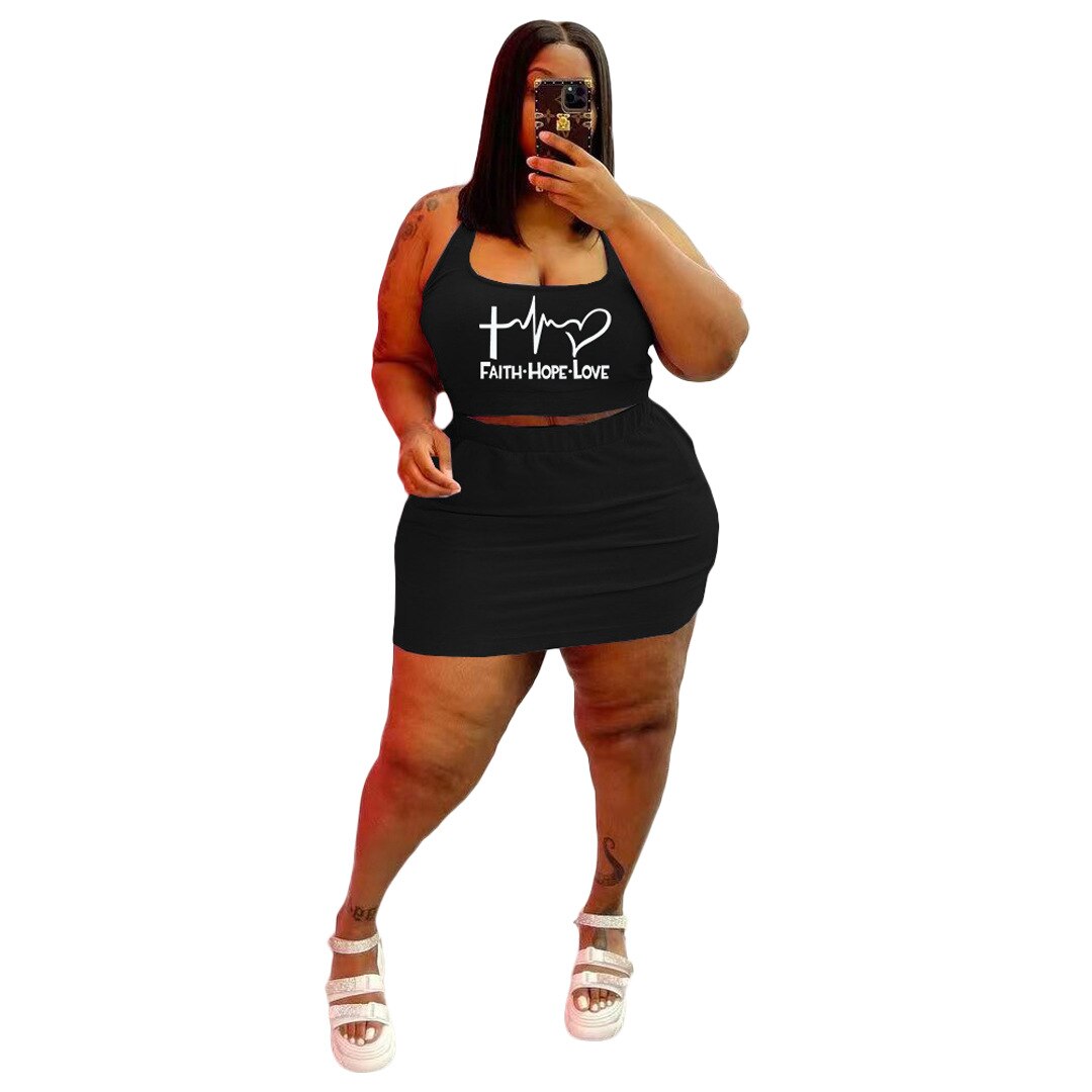 Plus Size Women Skirts Sets 4XL 5XL Sleeveless Tank Crop Tops Outfits Summer New Print Casual Sexy Large Size 2 Piece Skirt Suit