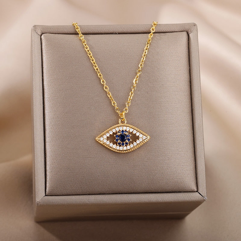 Turkish Evil Eye Pendant Necklace for Women Stainless Steel Gold Chain Necklaces 2022 Trend Choker Boho Lucky Aesthetic Jewerly