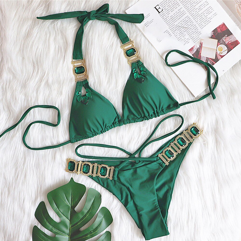 Sexy Rhinestones Thong Bikini Women Solid Green Push Up Glitter Crystal Swimsuit Chain Metal Bathing Suit Luxury Swimwear 2022