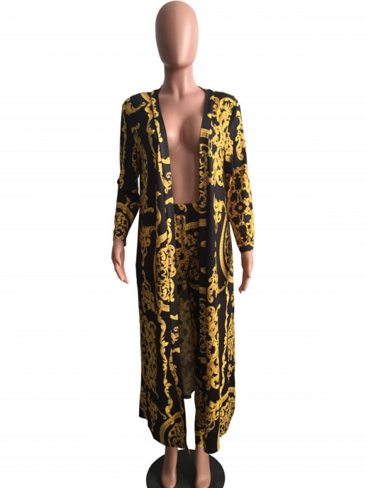 3XL Big Size 2 Pieces Set Sexy Autumn Fashion Women Set Female Tops Floral Print Long Sleeve Cardigan Bodycon Stripe Pants