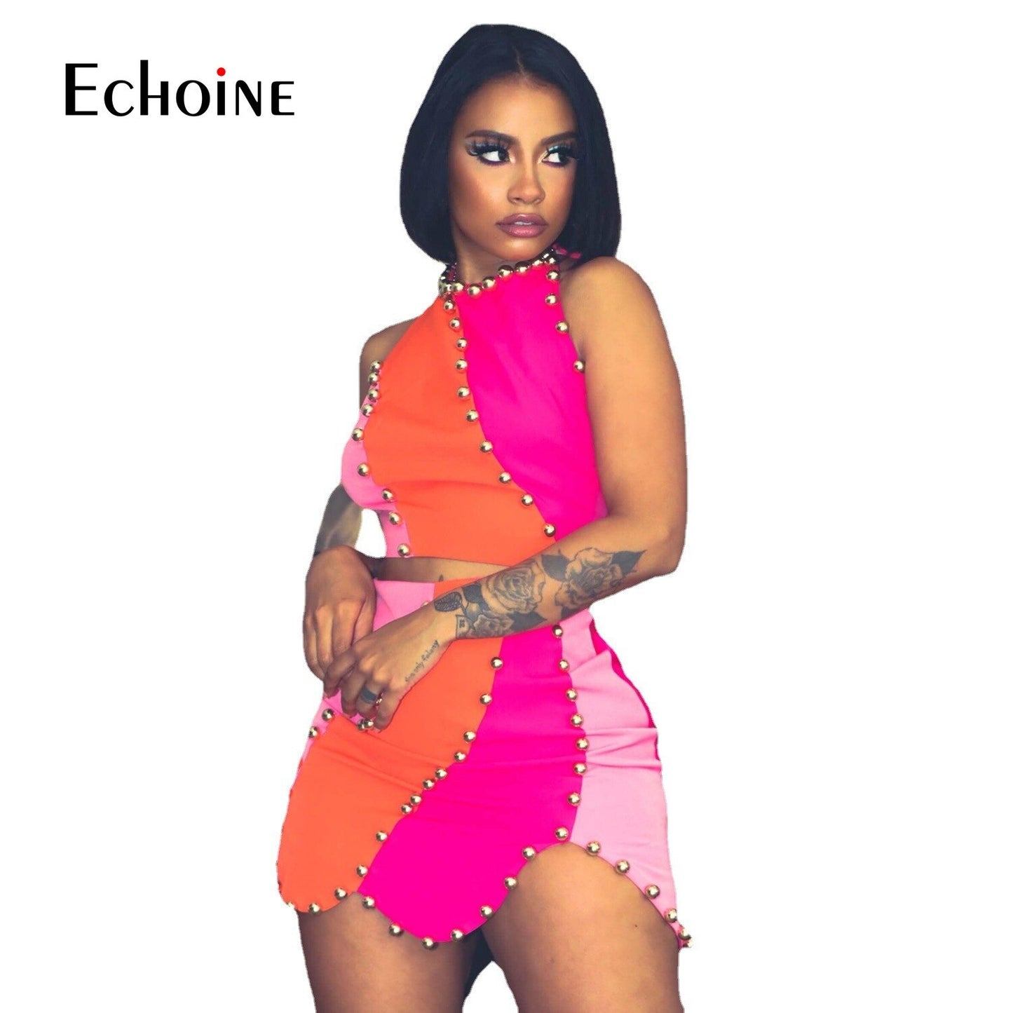 Echoine Summer Contrast Splice Flounces Straight Slim Sleeveless Vest + Mini Skirt 2 Two Pieces Set Women Elegant Party Outfits
