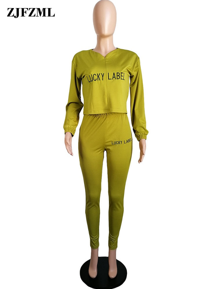 LUCKY LABEL Embroidery Long Sleeve Loose Crop Top and Skinny Pencil Legging Casual Sweatsuits 2 Piece Matching Set Co-ord Outfit