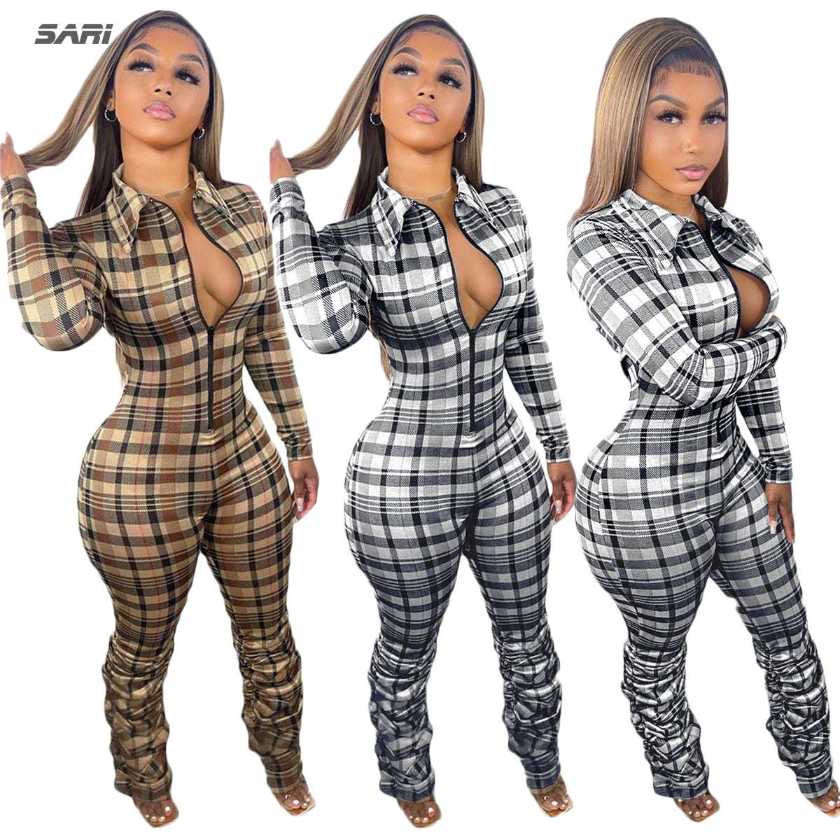 2022 Jumpsuit Women Slim Fit Zipper V Neck Sexy Fashion Plaid Bodysuit Spring Outdoor Sportswear Club Romper Pleated Pants