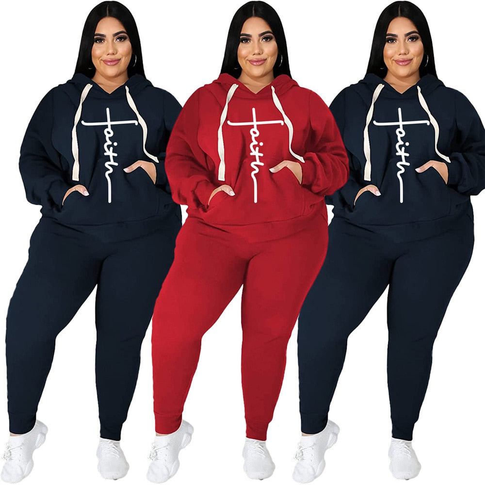 Trendy Tracksuit Sets Plus Size Women Clothing 2 Piece Sets Fashion Pocket Sweatshirt Print Stretch Sports Pants Suits Wholesale