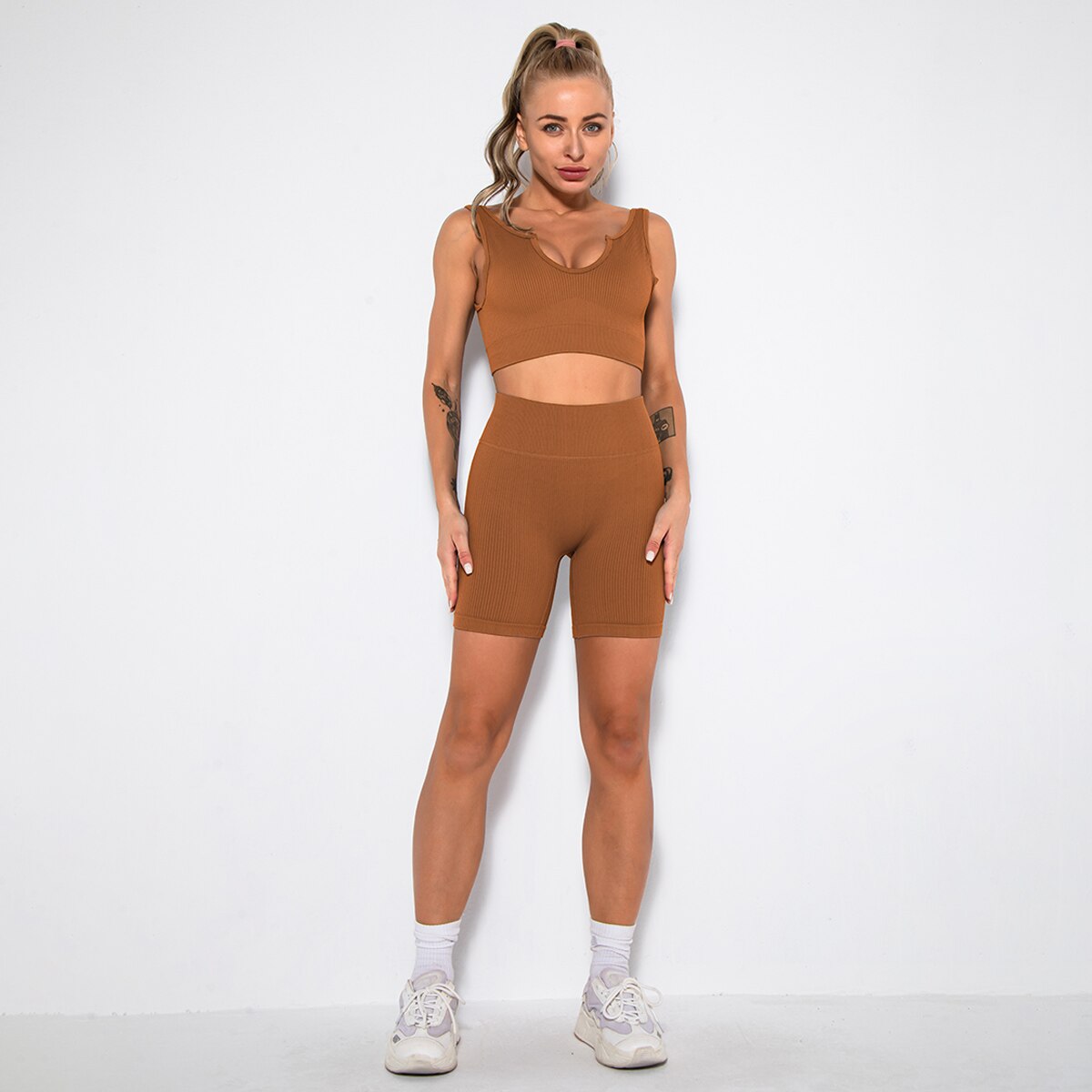 LANSWE Seamless Women Yoga Set Sportswear Gym Clothing Sport Set Women High Waist Seamless Leggings Fitness Sport Bra Crop Top