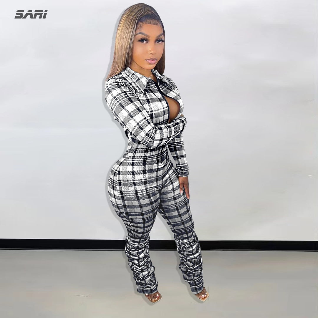 2022 Jumpsuit Women Slim Fit Zipper V Neck Sexy Fashion Plaid Bodysuit Spring Outdoor Sportswear Club Romper Pleated Pants