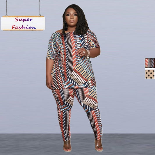 XL-5XL Plus Size Women Clothing Two Piece Set Casual Dot Pattern Printing Short Sleeve Top And Pant Summer Outfit  Wholesale