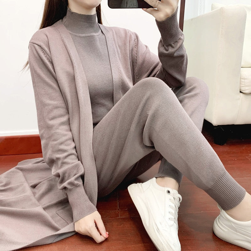 Women Sweater 3 Piece Set Tracksuit 2022 spring Autumn Long Cardigan Coat + Half Turtleneck Vest + Pants Knitted Suits Outfits