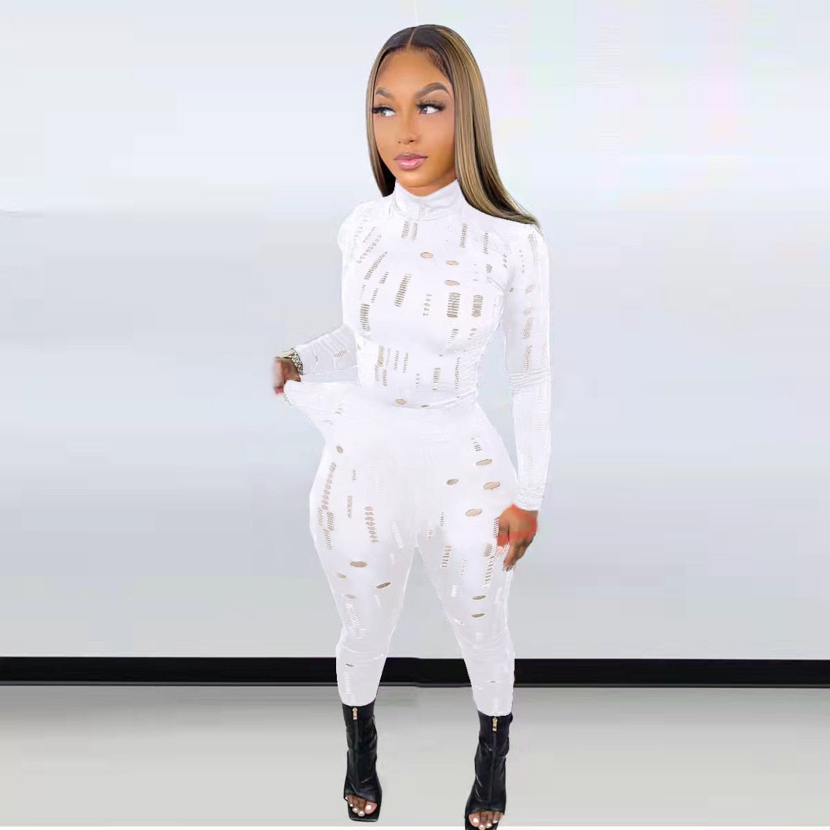 Irregular Hole Fall Trend Skinny  Women Tracksuit Sexy Hollow Out  Top T-Shirt + Slim Pencil Pants 2 Piece Matching Set Outfits