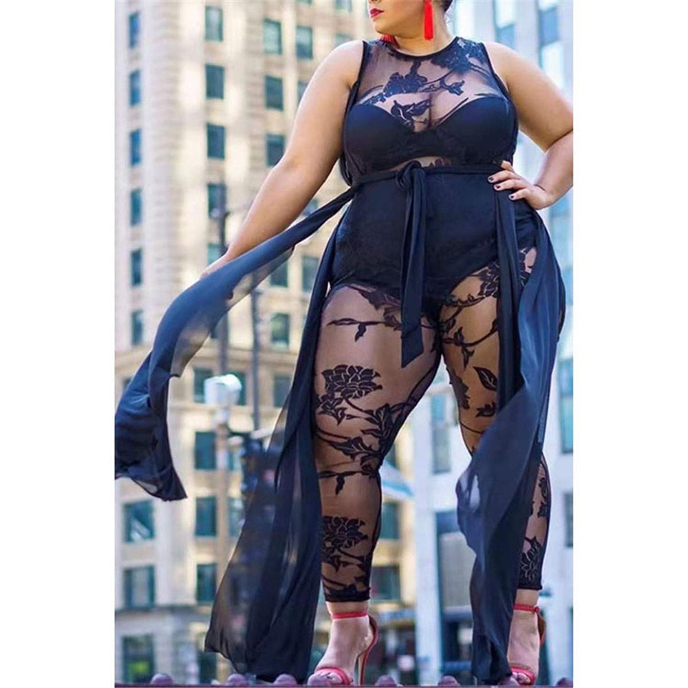 Black Sleeveless Jumpsuit Women Elegance Summer Street Wear Round Collar Lace Flocking Print Casual Base Wholesale Dropshipping