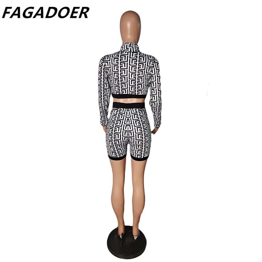 FAGADOER Women Two Piece Set Geometic Print Black Bodycon Shorts Sets Long Sleeve Crop Top Pants Sets Street Fashion Outfits