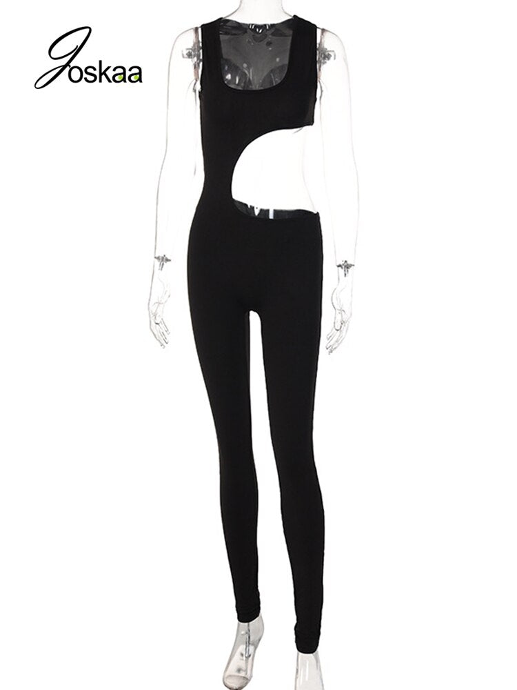 Joskaa Solid Irregular Cut Out Sleeveless Bodycon Rompers and Women Jumpsuits Summer 2022 Sexy Fitness Workout Jump Suits
