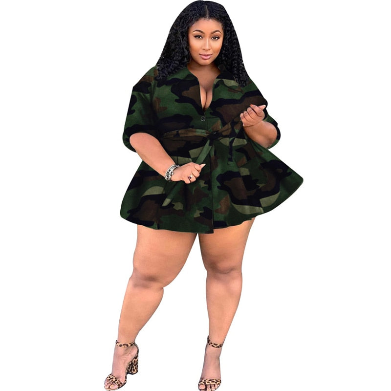 Plus Size Dresses for Women 5xl Fashion Long Sleeve Turn Down Collar Waistband Outdoor Wear Casual Camouflage Dress Wholesale