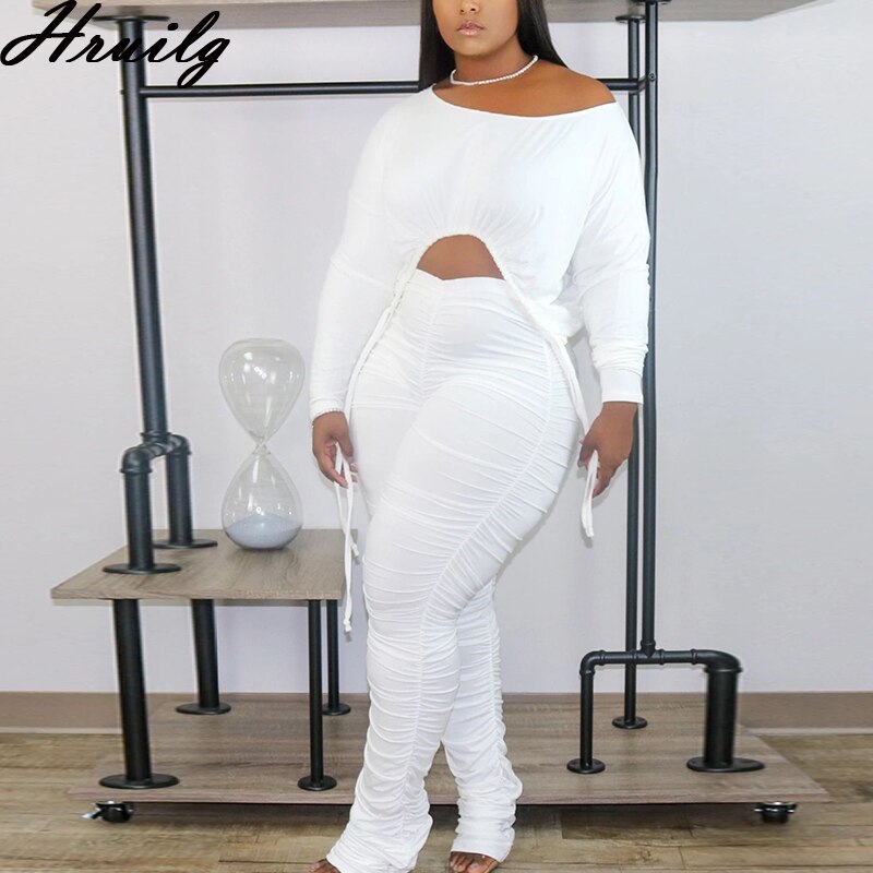Wholesale Fashion Lounge Set Long Sleeve Crop Tops&amp;ruched Long Pants Solid 2 Piece Set Wholesale Casual Women's Clothing Set