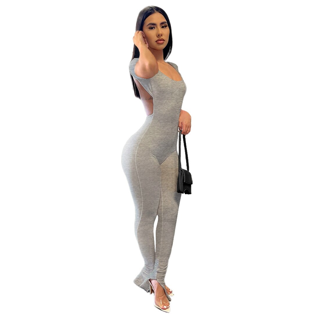 Echoine 2022 Women New Solid Backless Slit Flared Long Pants  bodysuits Short Sleeve Jumpsuits Fasion Sexy Club Party overalls