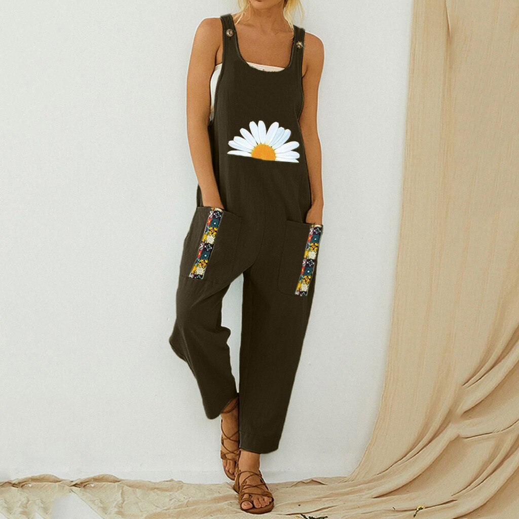 Women Floral Daisy Print Jump Suit Casual Boho Pocket Romper Long Playsuit Strap Button Jumpsuit Women Bodysuit Dropshipping