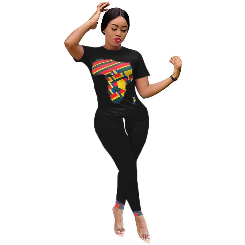 Summer 2 Piece Matching Set Women Tracksuit Map Print Short Sleeve Slim Fit Top Bodycon Short Sweat Suit Lounge Wear Outfits