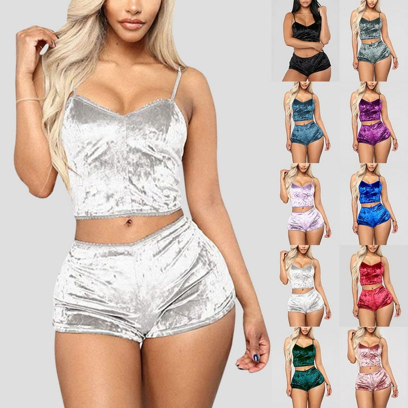 Ladies Pajama Set Cute Print Pattern Sleepwear Silk V Neck Sexy Pijama Satin Night Home Suits Wear Sleeveless Top And Shorts