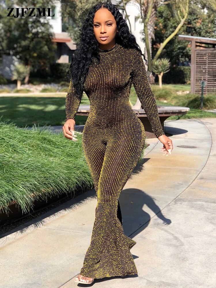 Bling Lurex Sexy Bell Bottom Bodysuit Long Sleeve Striped Flare Jumpsuit Party Night Club Ladies One Piece Bodycon Bodysuit