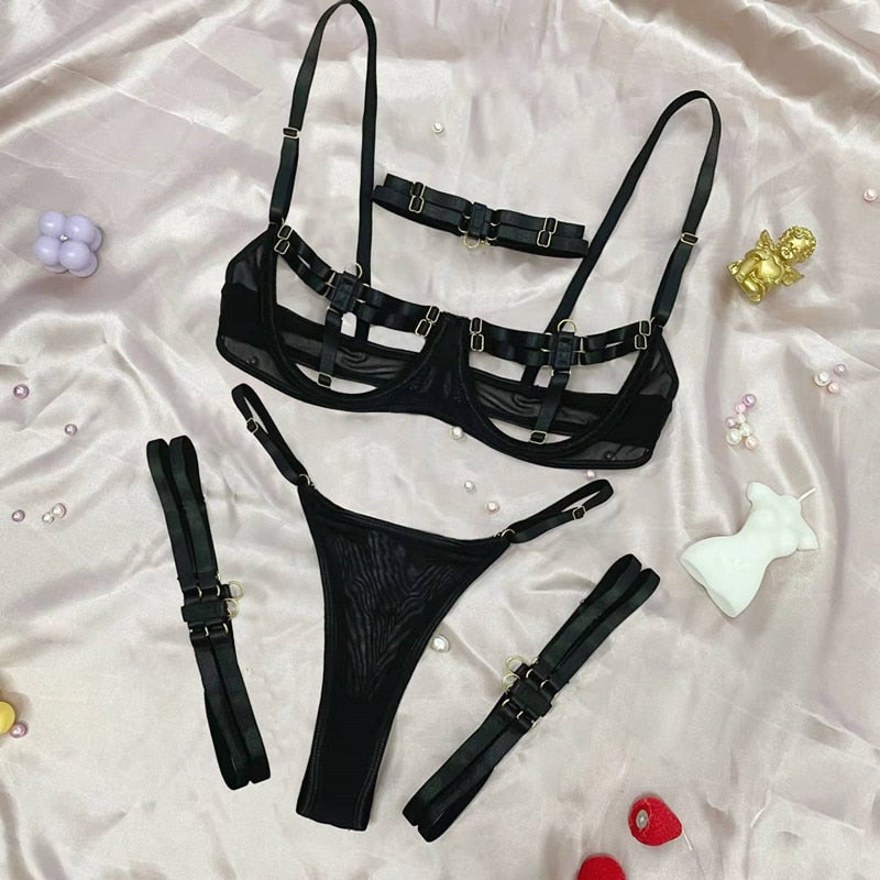MIRABELLE Sensual Lingerie Sexy Underwear Set Hollow Out Exotic Sets Transparent Bra Patchwork Bandage 4 PcsThongs Erotic Sets