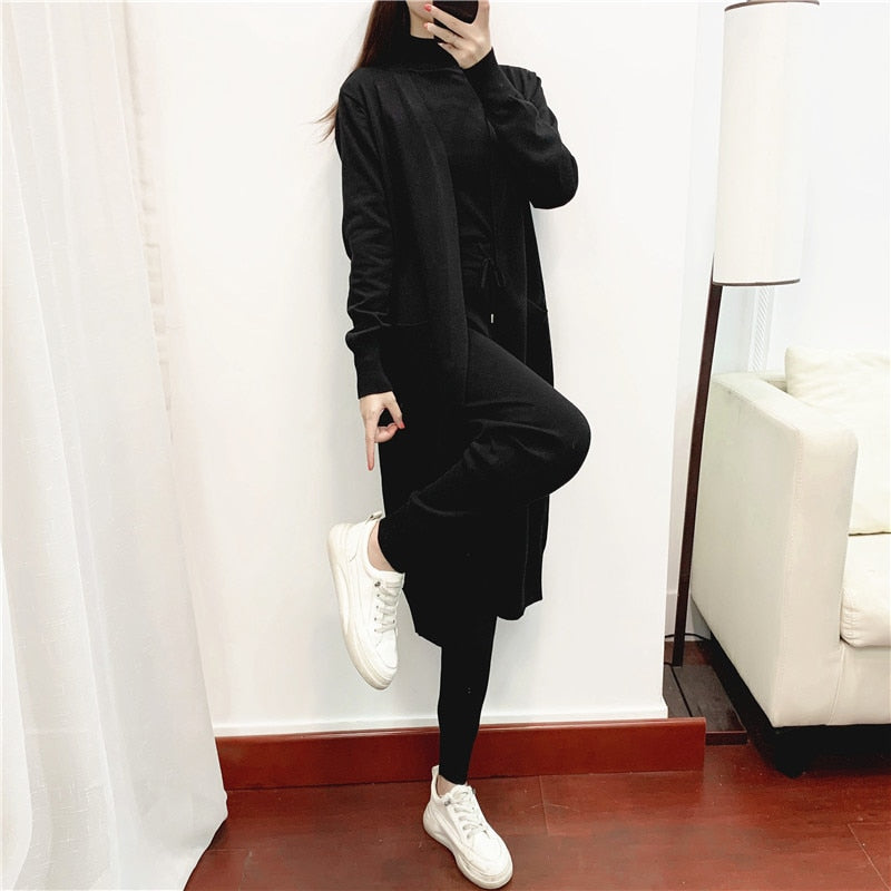 Women Sweater 3 Piece Set Tracksuit 2022 spring Autumn Long Cardigan Coat + Half Turtleneck Vest + Pants Knitted Suits Outfits