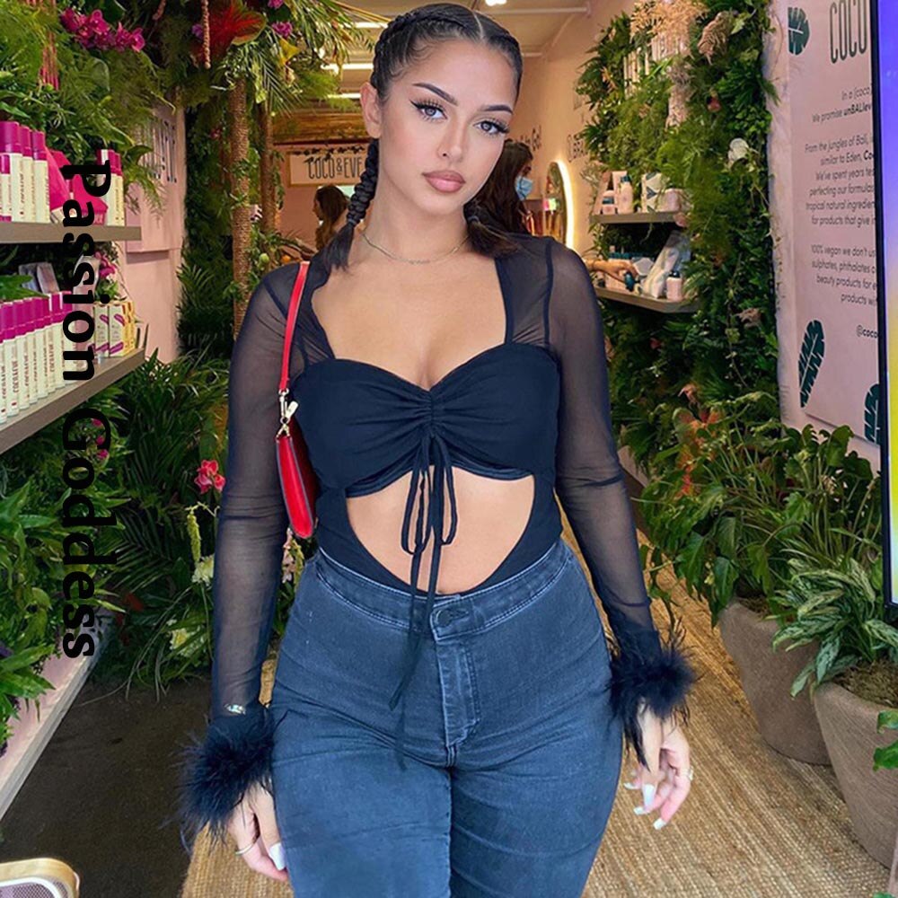 Sexy Women Cute Feathers Bodysuits Pink Fur Sleelve Drawstring Rompers Outfits Hollow Out Mesh Bodysuit Party Nightclub Overalls