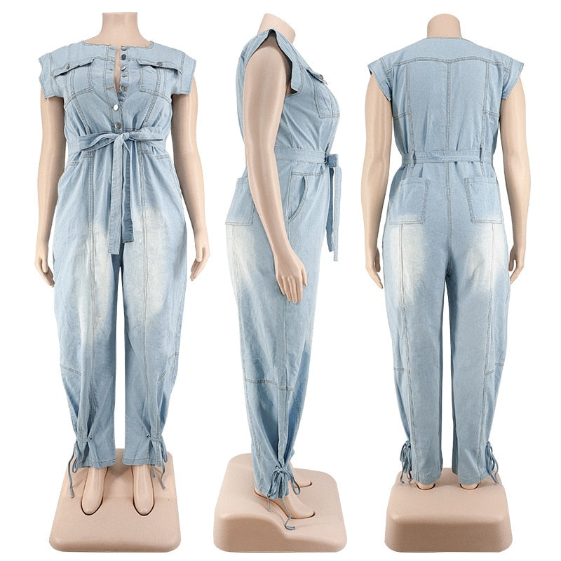 Women Clothing Summer Denim Jumpsuit Washed Jeans Romper Buttons Jump Suit Cowboy Wide Leg Pant Jumpersuit Streetwear