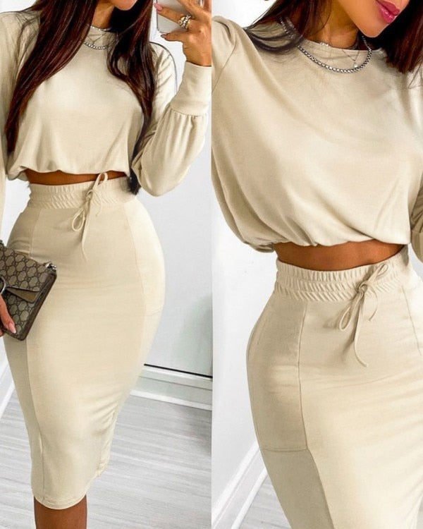 Women Two Piece Suits Long Sleeve Top &amp; Chain Print Colorblock Drawstring Shirred Skirt Set Sexy Robe Femme