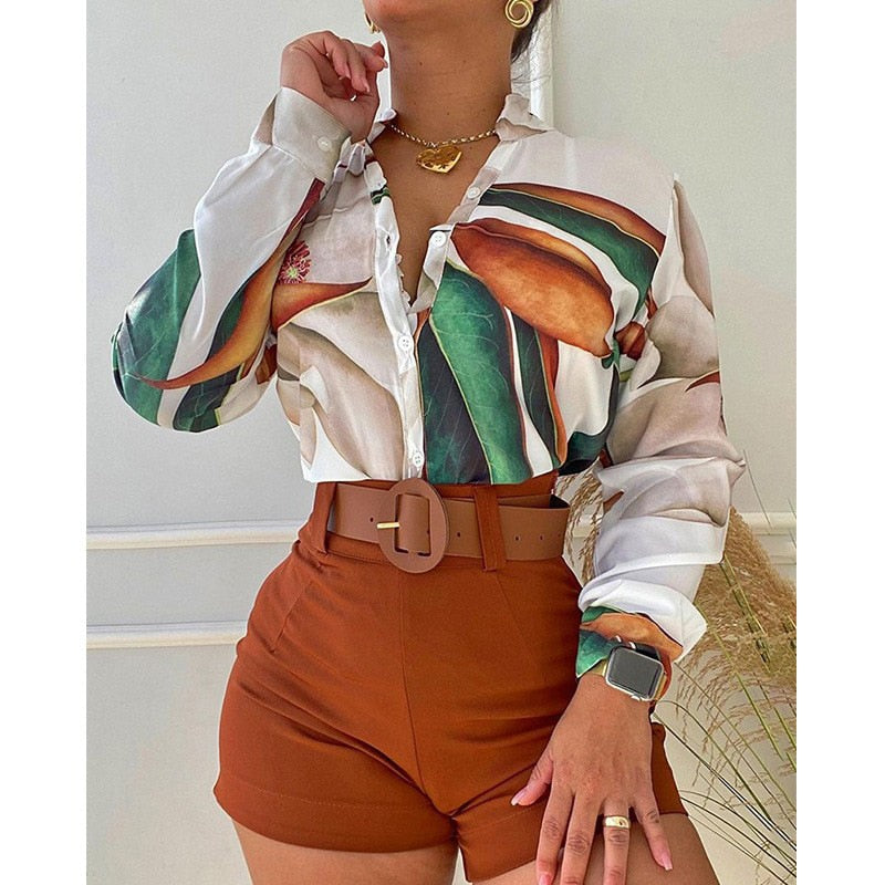 2022 Women's Suit Summer Tracksuit Shorts Sets Two Piece Sets Women Outifits Long Sleeve Sexy Print Blouses Women No Belt