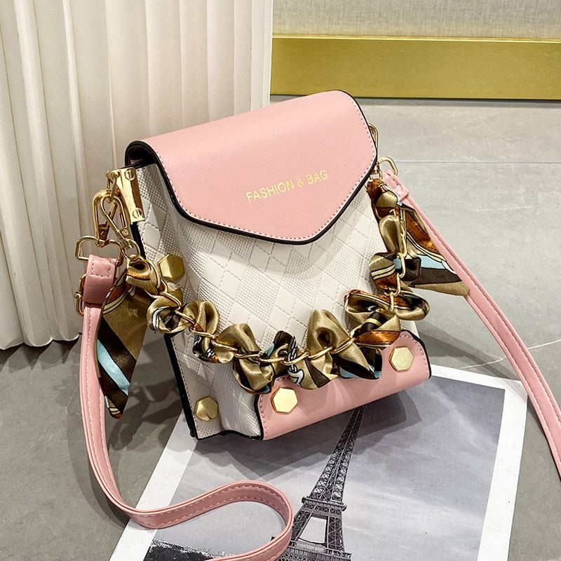 Fashion Women Pattern Shoulder Bag Hardware Chain Strap Color Block Messenger Handbag Composite Cross Body Bag