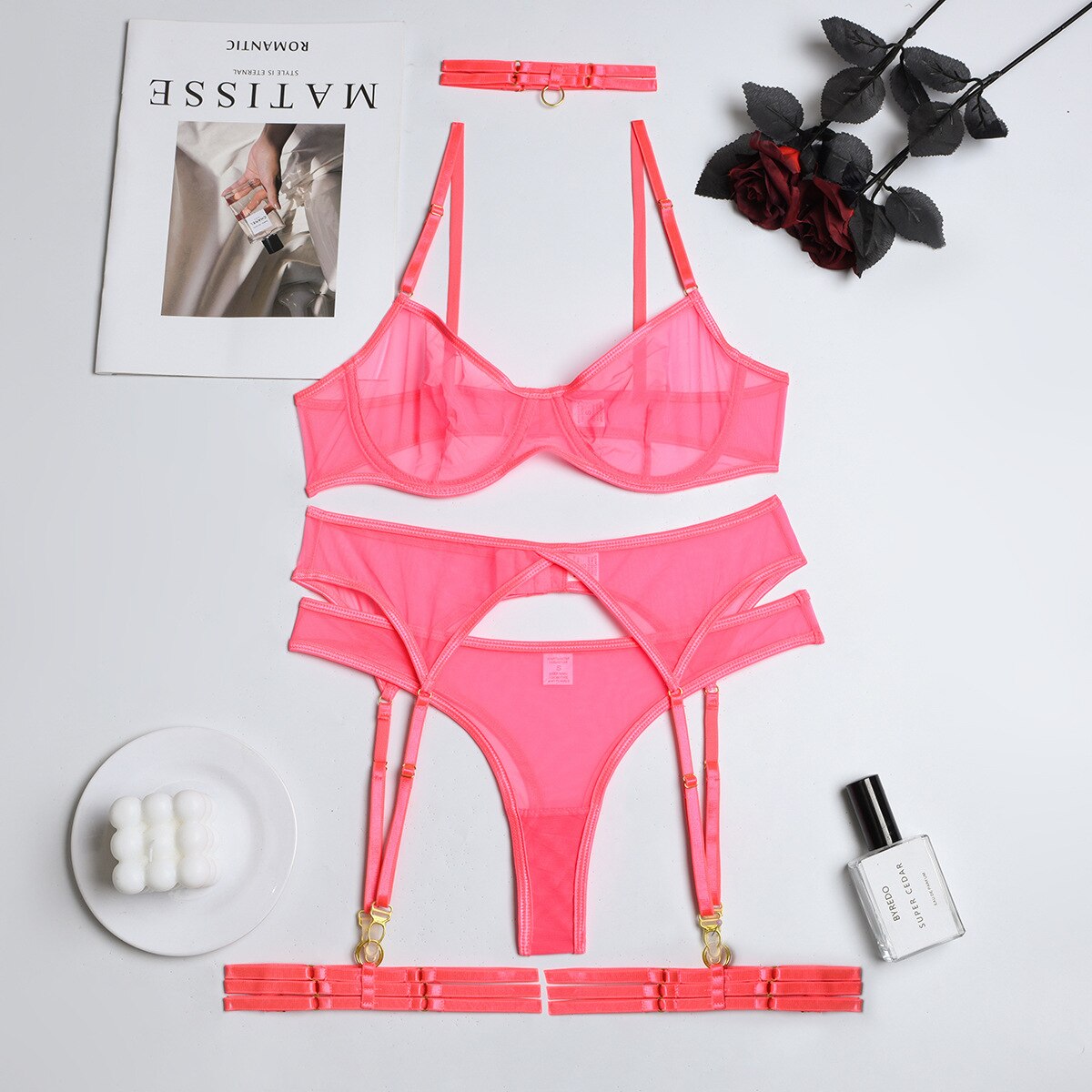 MIRABELLE Sensual Lingerie See Through Set Woman 4-Pieces Erotic Intimate Seamless Underwear Lace Bra and Panty Set Exotic Sets