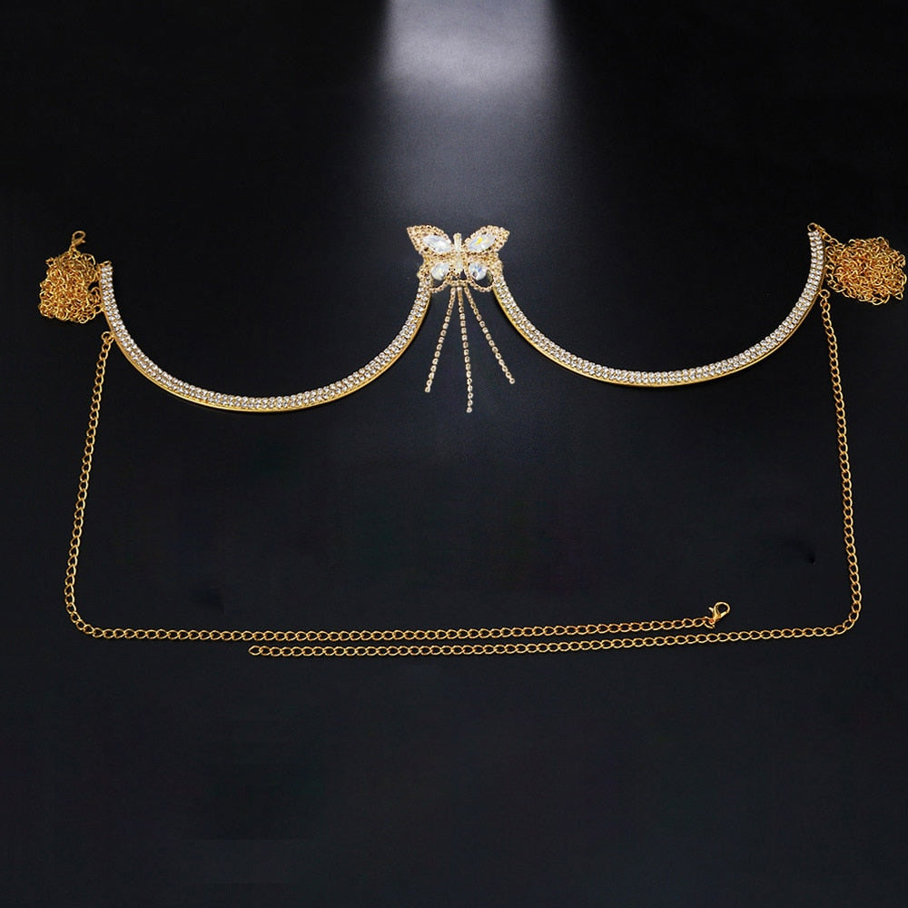 Stonefans Flash Butterfly Rhinestone Chest Bracket Bra Chain for Women Round Breast Body Jewelry NightClub Sexy Bikini Chains