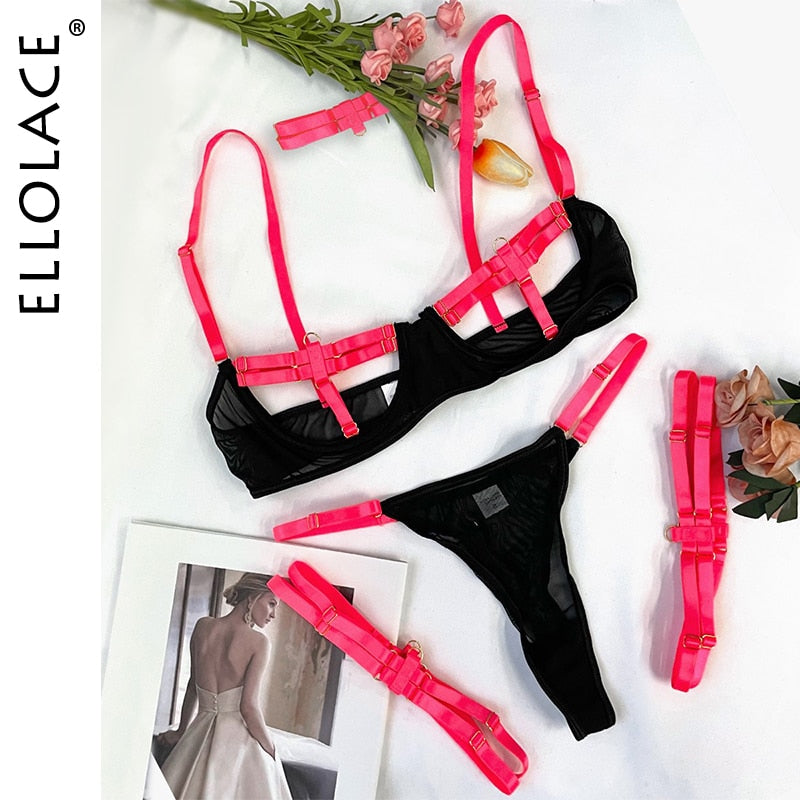 Ellolace Lingerie Sexy Hollow Out 4-Piece Exotic Costumes Sensual See Through Outfits For Woman Neon Green Porn Bottom Whore