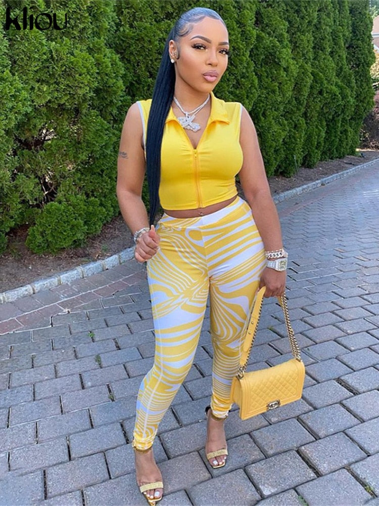 Kliou Casual Two Piece Set Women Sporty Sleeveless Crop Top+Skinny Print Leggings Matching Outfit Female Concise Cool Streetwear