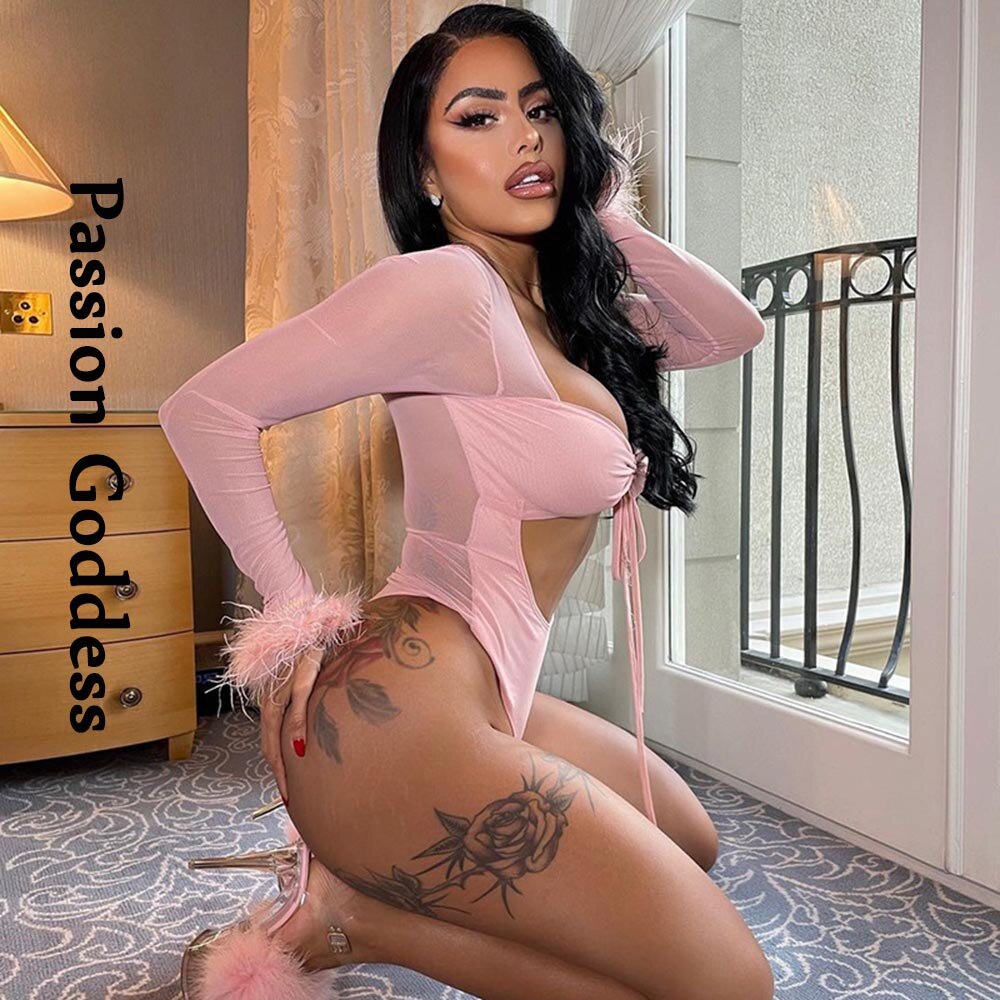 Sexy Women Cute Feathers Bodysuits Pink Fur Sleelve Drawstring Rompers Outfits Hollow Out Mesh Bodysuit Party Nightclub Overalls