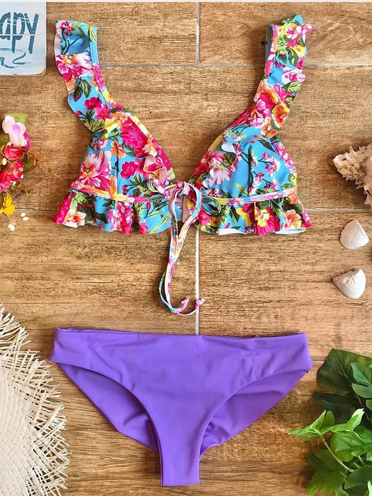 2022 Bikini Set Women Swimwear Push Up Swimsuit Top Solid Bottom Print Brazilian Biquini Bathing Suit Swim Wear Beach