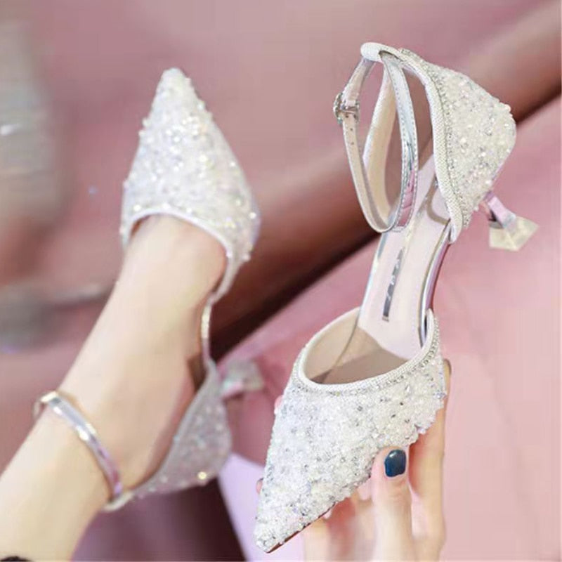 Rimocy Bling Shiny Women Pumps 2022 New Ankle Strap Crystal High Heels Shoes Woman Pointed Toe Thin Heel Wedding Party Shoes