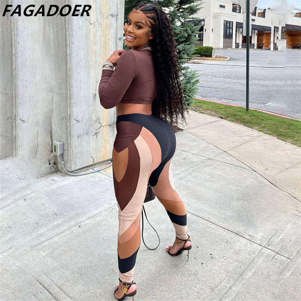 FAGADOER Street Casual Two Piece Set Women Sporty Pink Letter Print Crop Top Skinny Patchwork Leggings Matching Outfit Tracksuit