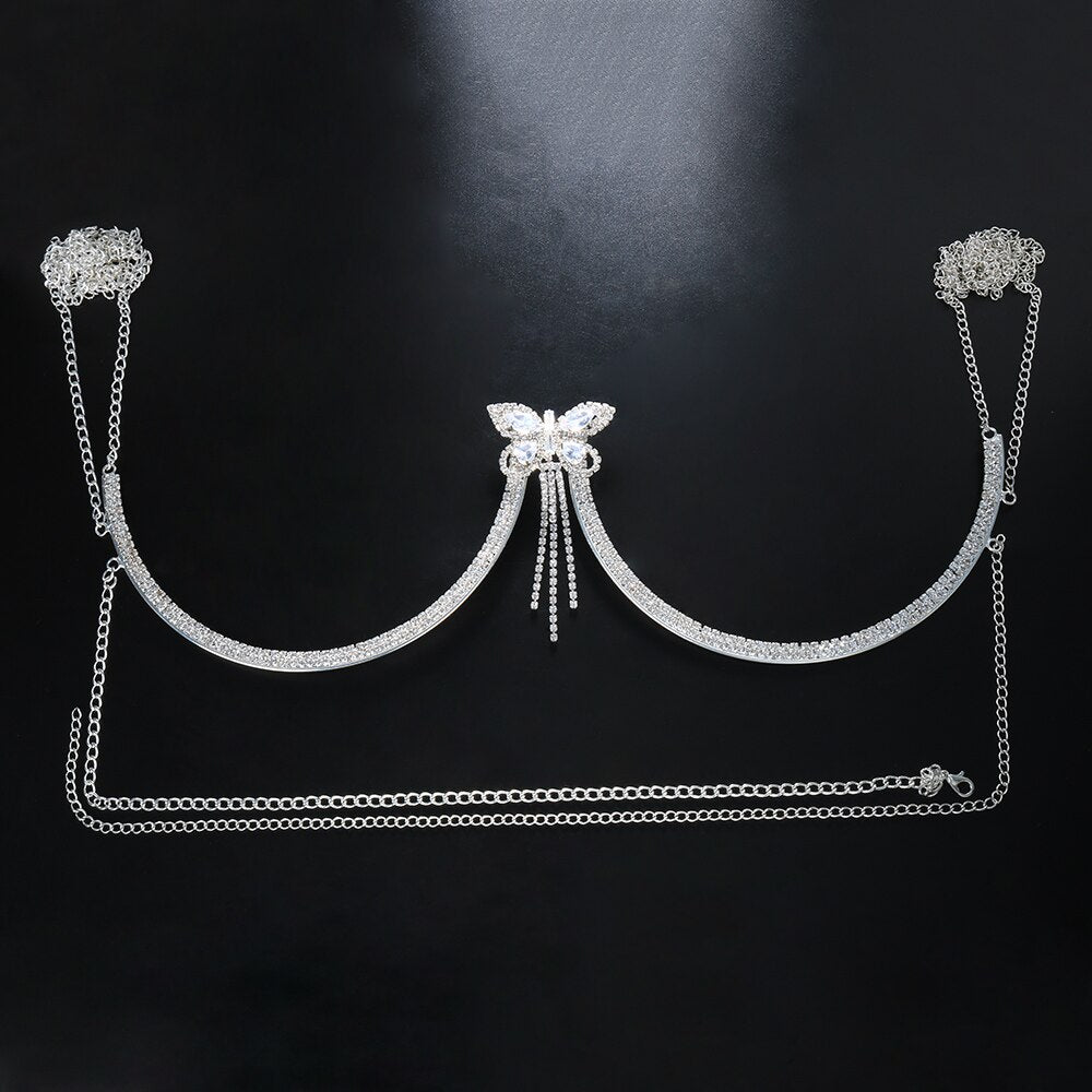 Stonefans Flash Butterfly Rhinestone Chest Bracket Bra Chain for Women Round Breast Body Jewelry NightClub Sexy Bikini Chains