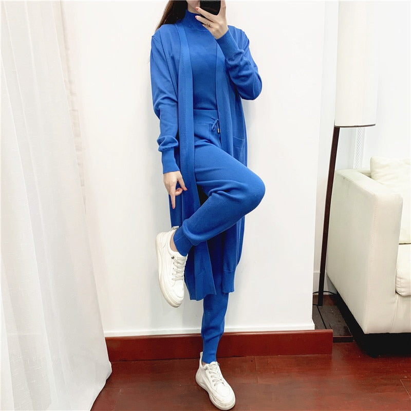 Women Sweater 3 Piece Set Tracksuit 2022 spring Autumn Long Cardigan Coat + Half Turtleneck Vest + Pants Knitted Suits Outfits