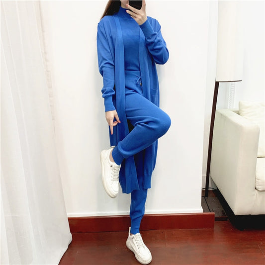 Women Sweater 3 Piece Set Tracksuit 2022 spring Autumn Long Cardigan Coat + Half Turtleneck Vest + Pants Knitted Suits Outfits