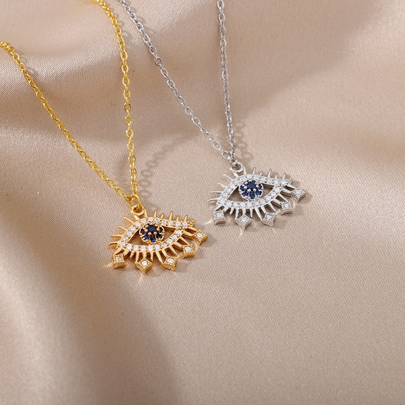 Turkish Evil Eye Pendant Necklace for Women Stainless Steel Gold Chain Necklaces 2022 Trend Choker Boho Lucky Aesthetic Jewerly